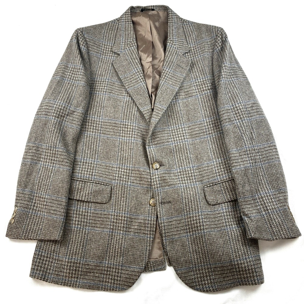 Summer Tweed Sport Coat Glen Check Gray Blue 42R Made in USA